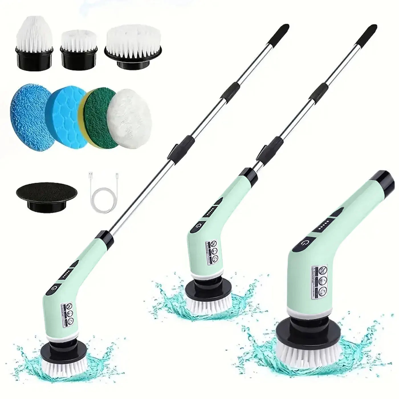7-in-1 cordless electric spin scrubber with adjustable extension handle and brush heads