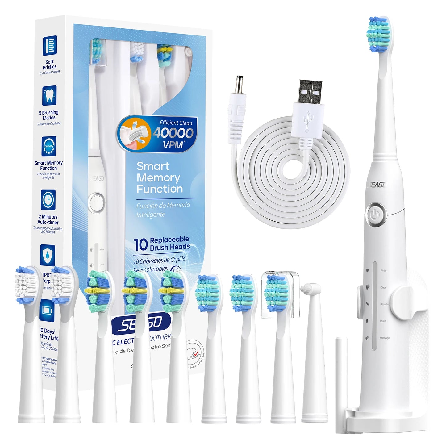 Seago sonic electric toothbrush set with 10 replacement heads and USB cable
