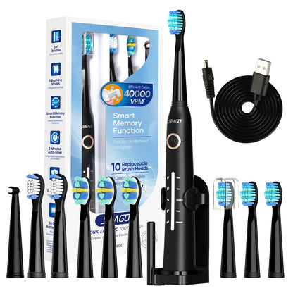 Seago sonic electric toothbrush set with 10 replacement heads and USB cable