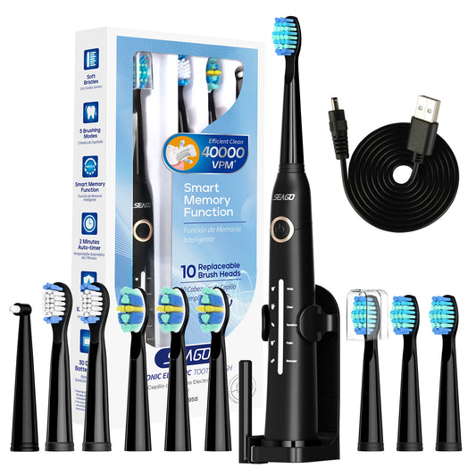Seago sonic electric toothbrush set with 10 replacement heads and USB cable