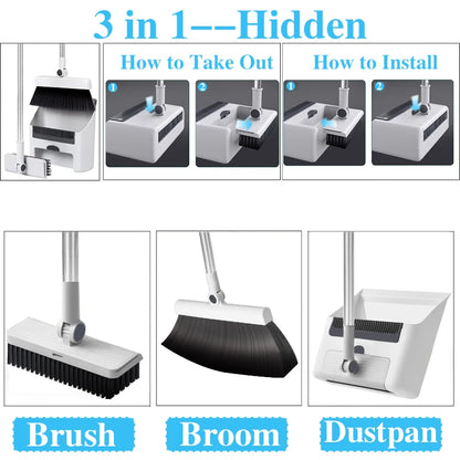 3-in-1 upright broom and dustpan set with long handle and floor scrub brush