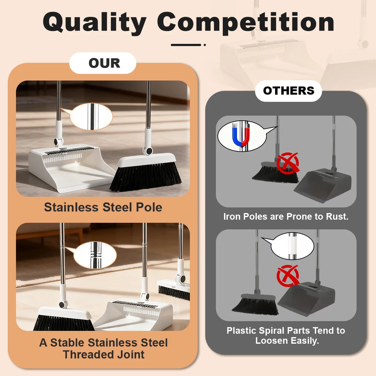 3-in-1 upright broom and dustpan set with long handle and floor scrub brush