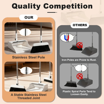 3-in-1 upright broom and dustpan set with long handle and floor scrub brush