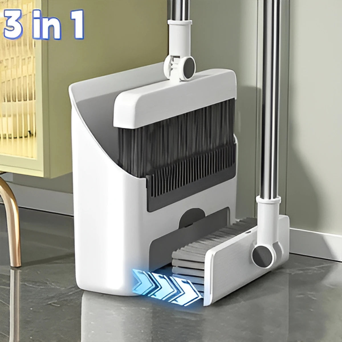 3-in-1 upright broom and dustpan set with long handle and floor scrub brush