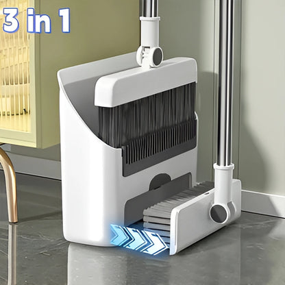 3-in-1 upright broom and dustpan set with long handle and floor scrub brush