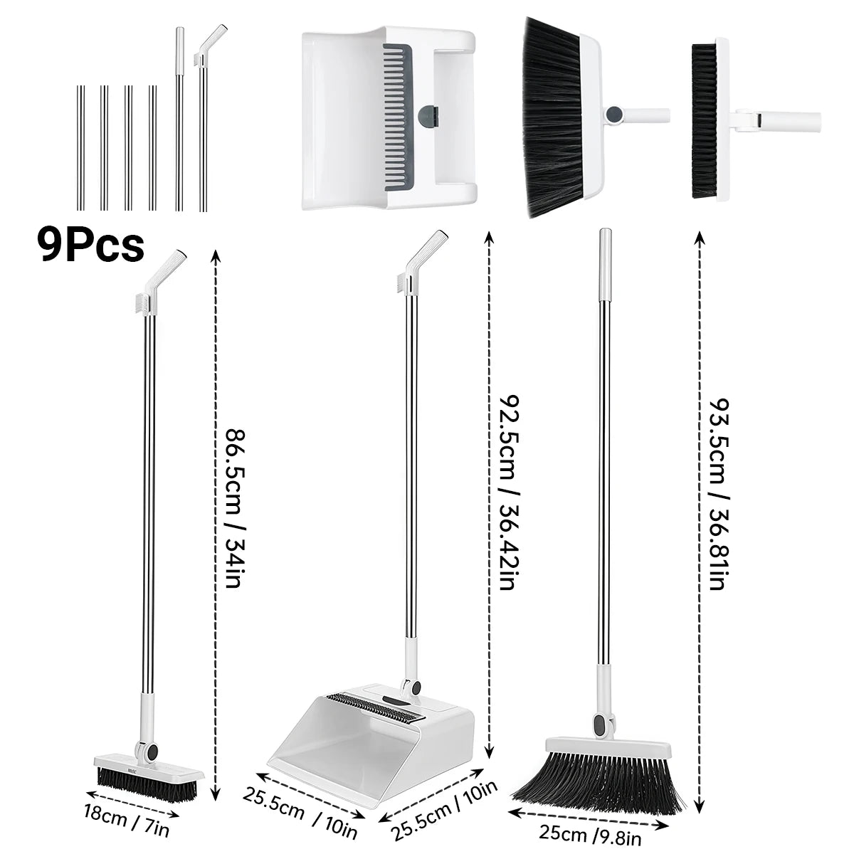 3-in-1 upright broom and dustpan set with long handle and floor scrub brush