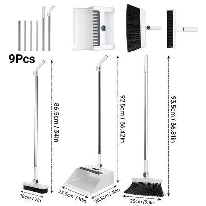 3-in-1 upright broom and dustpan set with long handle and floor scrub brush