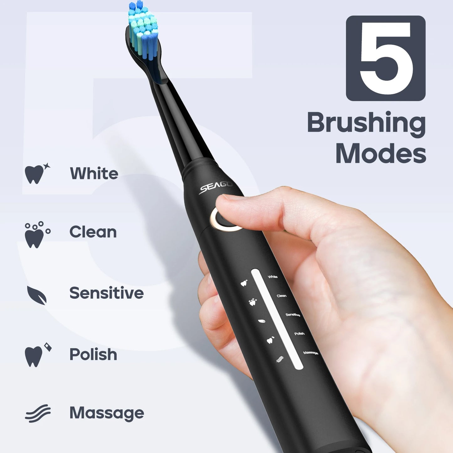 Seago sonic electric toothbrush set with 10 replacement heads and USB cable
