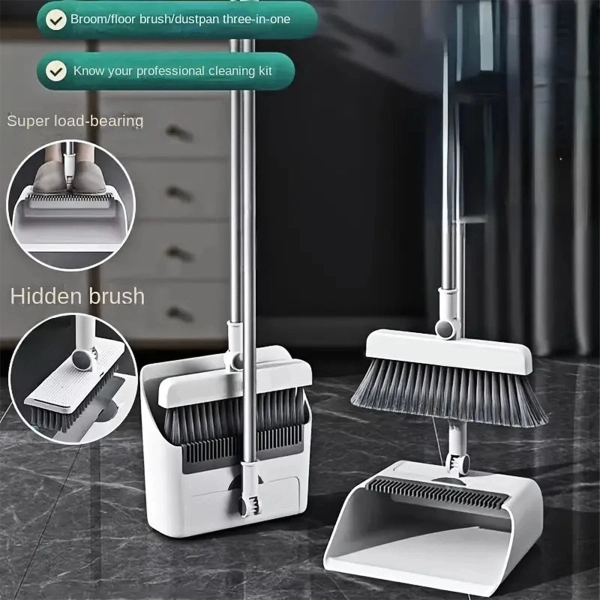 3-in-1 upright broom and dustpan set with long handle and floor scrub brush