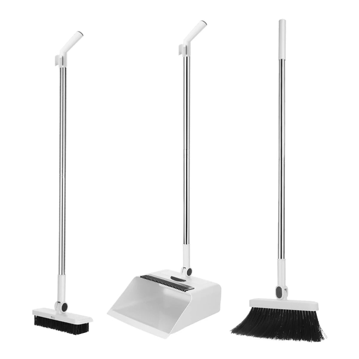 3-in-1 upright broom and dustpan set with long handle and floor scrub brush